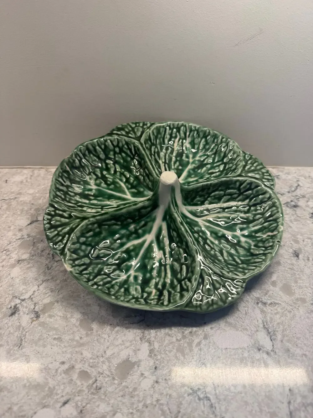 Vintage Portugal Majolica Cabbage Leaf Four Part Relish / Server